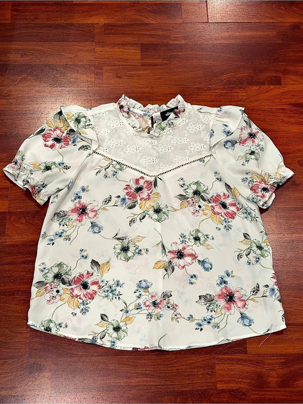 Alice Blue Floral Lace Yoke Short Sleeve Blouse Top S